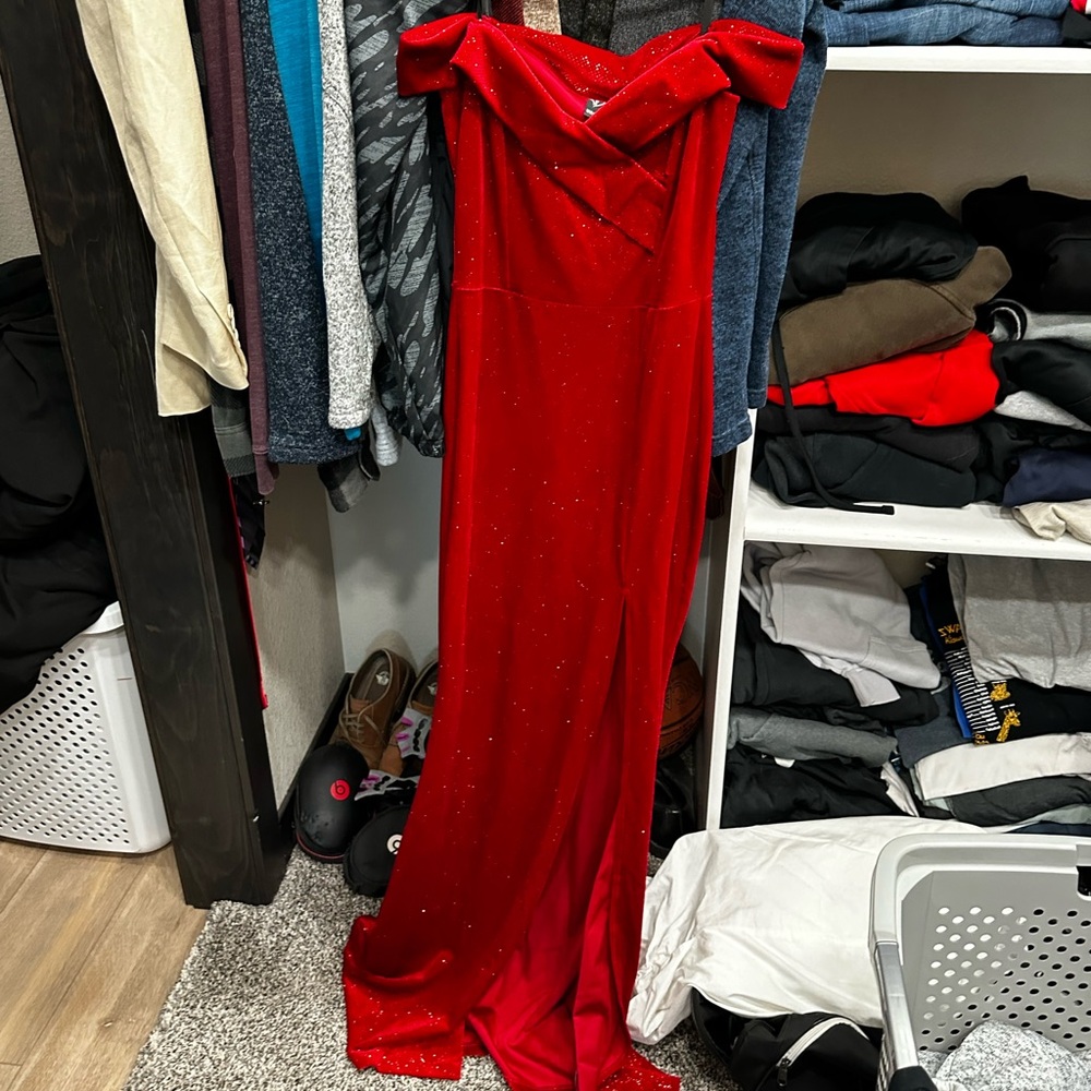 Red sparkly formal dress with slit